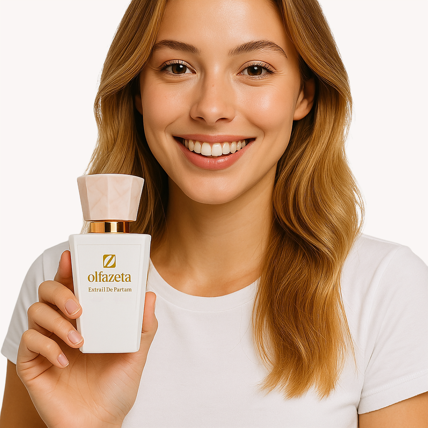 model hält chogan frauen parfüm in der hand und lacht glücklich