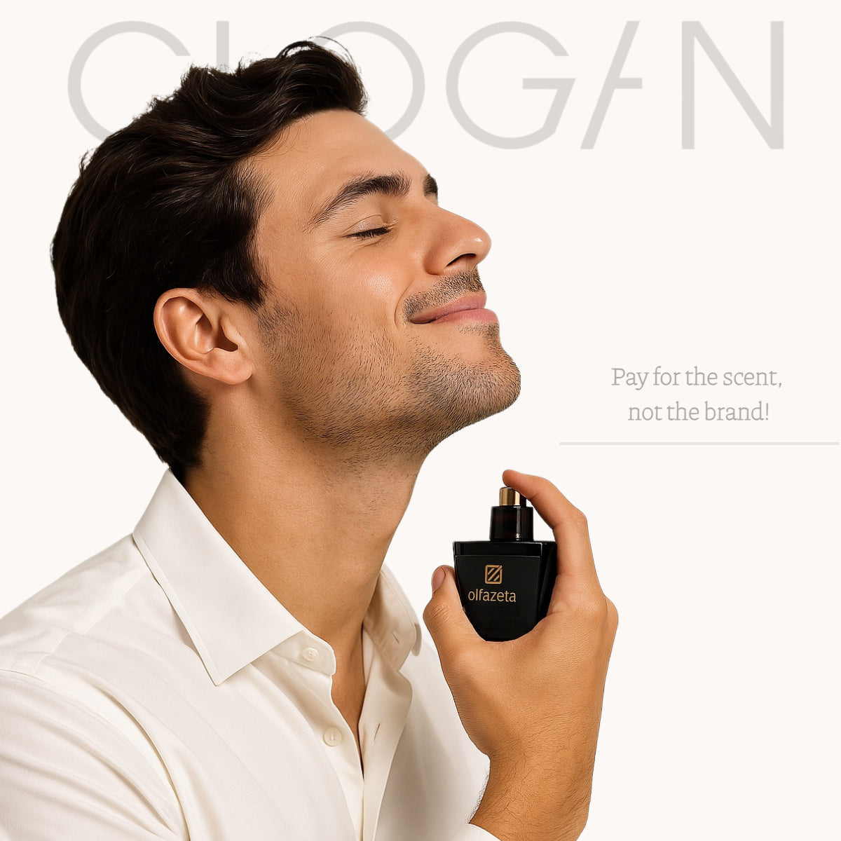 chogan picture of a man spraying himself, pay for the scent, not the brand