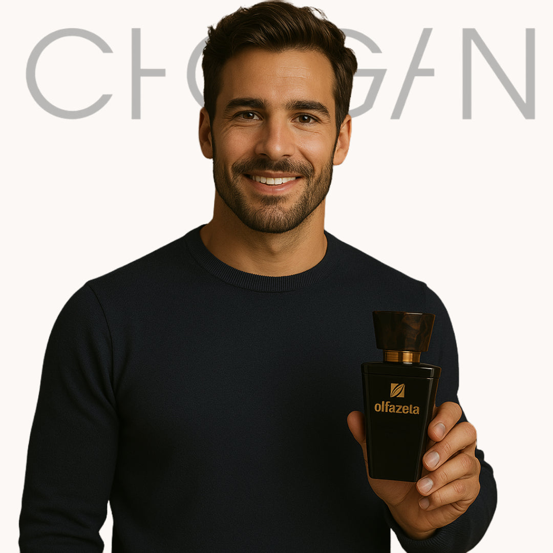 man holds black chogan olfazeta perfume flacon in his hands and smiles, high quality model shooting